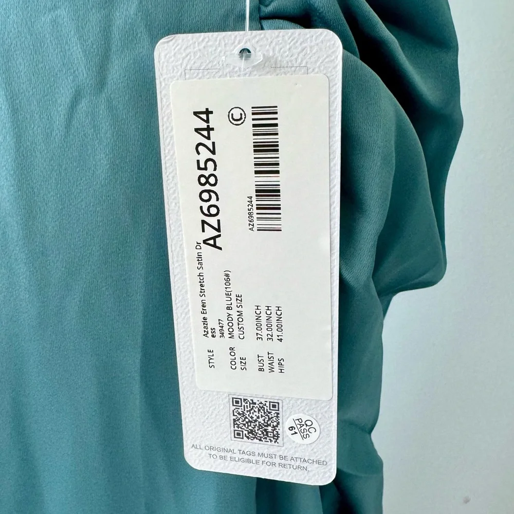 Azazie Eren Fitted One Shoulder Stretch Satin Bridesmaid Dress in Moody Blue NWT - Picture 7 of 15